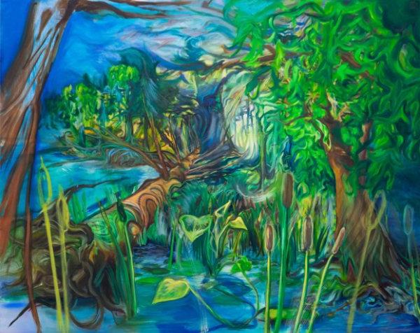 一幅描绘香蒲、倒下的树和直立的树的彩色油画