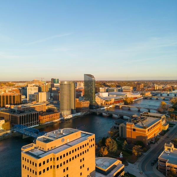 A drone view of downtown Grand Rapids from the Eberhard Center at GVSU.