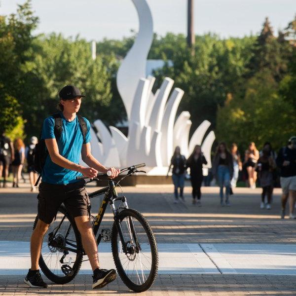 一个在校园里骑自行车的学生.